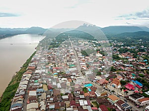 Aerial view of classic wooden house beside the Mekong river in Chiang Khan district, Loei