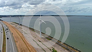 Aerial view of clean power generating wind turbines