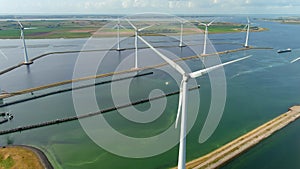 Aerial view of clean power generating wind turbines