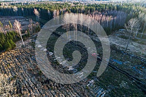 An aerial view of a clear-cut area after deforestation with a red forwarder in European forest