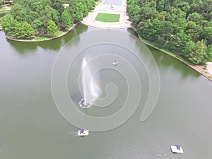 Aerial view clear lake with pedal boat lagoon at Hermann Park in Houston, Texas, USA