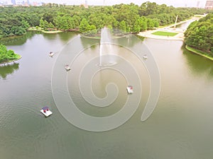 Aerial view clear lake with pedal boat lagoon at Hermann Park in Houston, Texas, USA