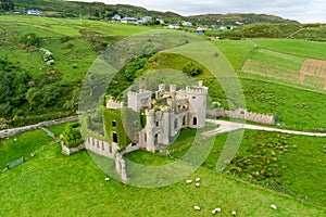 Aerial view of Clifden Castle, ruined manor house, on famous Sky Road near Clifden town, great example of Gothic Revival