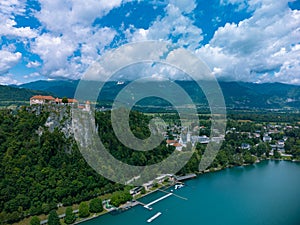 Aerial View of the Cliff with Bled Castle and St. Martin\'s Parish Church, Slovenia