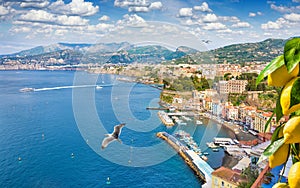 Aerial view of cliff coastline Sorrento and Gulf of Naples in Southern Italy