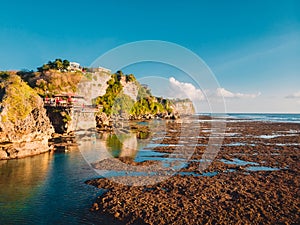 Aerial view of cliff, rocks and ocean at low tide in Bali