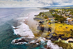 Aerial view of the cliffs of the spectacular Gris Gris Beach, in southern Mauritius. Here, is the strong waves of the Indian Ocean