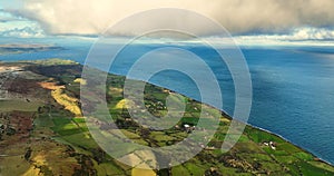 Aerial view of clouds over Ballygally on Co Antrim coastline Northern Ireland