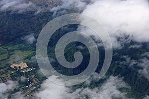 Aerial view of clouds over Waimanalo Farm lands, koolau mountain