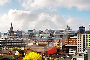 Aerial view of cloudy day in the center of Liverpool, England, UK