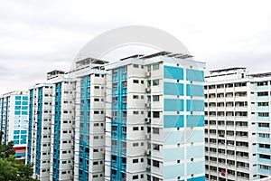Aerial view, on a cloudy day, of Public Housing Apartments in Singapore. Also know as HDB, these are government built vertical