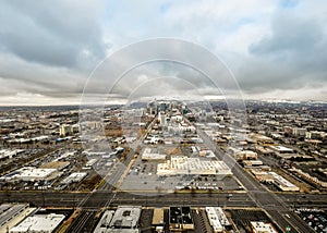 Aerial view cloudy downtown Salt Lake City during winter season