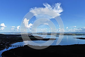 Aerial view of cloudy scene in the dam. Capitolio, Minas Gerais, Brazil