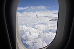 Aerial view on cloudy skies from airplane window