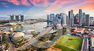 Aerial view of Cloudy sky at Marina Bay Singapore city skyline