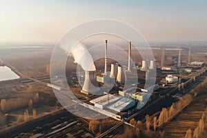 Aerial view of coal power plant in Poland. Power plant with smokestacks. Big electricity production industry aerial view, AI