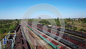 Aerial view of coal trains in a freight depot - coal, mining, train