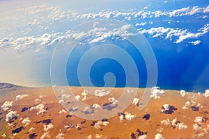 Aerial view of coast of Arabian sea under the clouds in Yemen