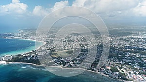 Aerial view of the coast with horse riding racetrack, sea, yachts Bridgetown, Barbados