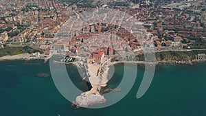 Aerial view of the coast of Piombino. Panoramic view of the city. Maremma Tuscany Italy.