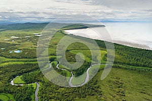 Aerial view of the coast of the sea of â€‹â€‹Okhotsk.