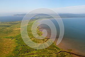 Aerial view of the coast of the sea of â€‹â€‹Okhotsk.