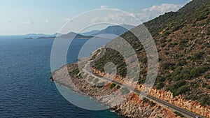 Aerial view of coastal road along Mediterranean sea in Turkiye