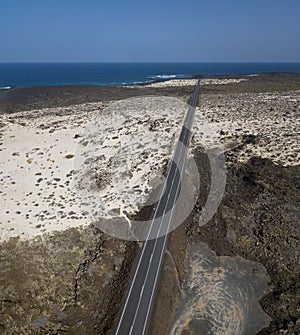 Aerial view of the coastal road that crosses the beaches and coves of MojÃÂ³n Blanco and Spiral Caleta. Lanzarote, Canary Islands,