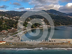 Aerial view of the coastal seaside village Loutraki and the port located in Glossa during winter period. Skopelos island  Sporades