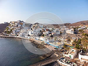 Aerial view of the coastal town of Las Playitas, east coast of Fuerteventura, Canary Islands, Spain