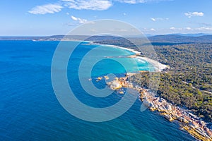 Aerial view of coastline of Bay of Fires in Tasmania, Australia