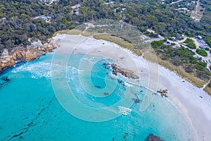 Aerial view of coastline of Bay of Fires in Tasmania, Australia