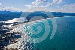 Aerial view of coastline of Bay of Fires in Tasmania, Australia