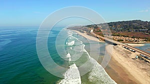 Aerial view of the coastline beach in San Diego in California by the Pacific.