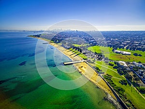 Aerial view of coastline beaches near Elwood with Melbourne CBD