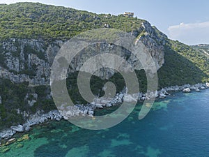 Aerial view of the coastline cliff that lead to Porto Timoni beach, Corfu island, Greece