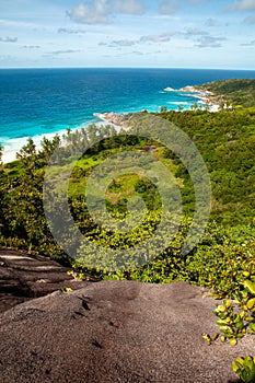 Aerial view of the coastline of Grand Anse and the Indian Ocean, La Digue Island, Seychelles