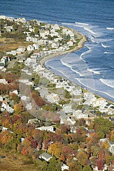 Aerial view of coastline of homes in Ogunquit, Maine