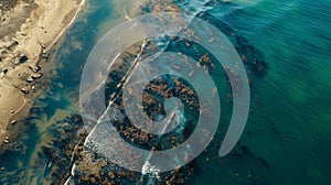 An aerial view of a coastline littered with decaying sea life a haunting consequence of algae blooms suffocating