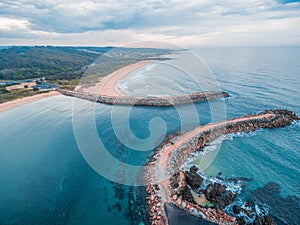 Aerial view of coastline near Narooma at dusk, NSW, Australia.