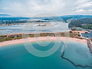 Aerial view of coastline near Narooma at dusk, NSW, Australia.