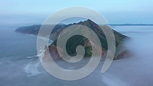 Aerial View of Coastline Sakhalin Island Near Tikhaya Bay, Russia.