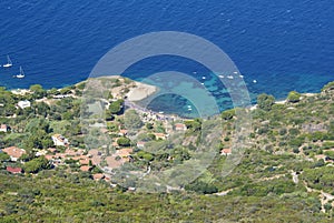 Aerial view of the coastline and sea in Giglio Island, Tuscany Italy photo