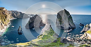 Aerial view of the Cobblers Tower at Glenlough bay between Port and Ardara in County Donegal is Irelands most remote bay