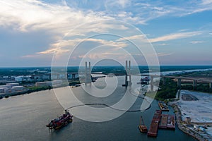 Aerial view of the Cochrane Bridge at sunset in Mobile, Alabama