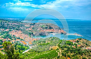 Aerial view of Collioure and its royal castle, France