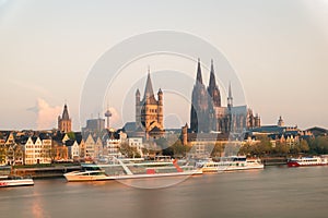 Aerial view Cologne over the Rhine River with cruise ship