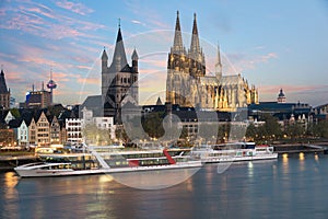 Aerial view Cologne over the Rhine River with cruise ship in Col