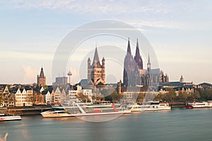 Aerial view Cologne over the Rhine River with cruise ship in morning at Cologne, Germany.