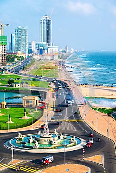 Aerial view of Colombo, Sri Lanka modern buildings with coastal promenade area